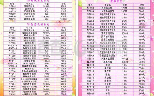 美容院價(jià)目表圖片